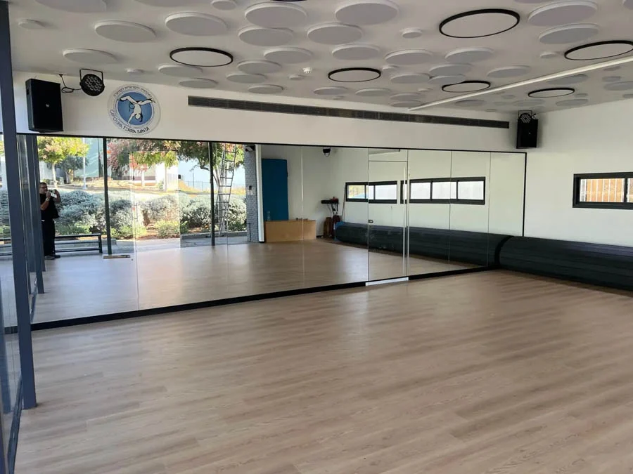 מראות קיר לסטודיו קפוארה עם חלל אימונים מרווח ורצפת עץ – זגגים