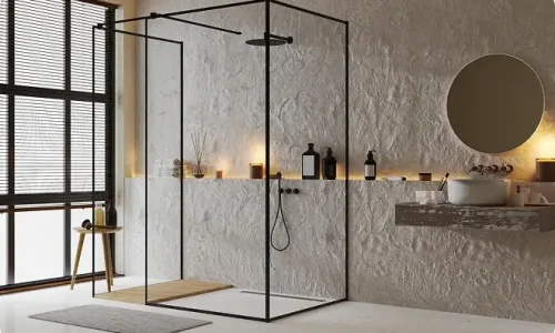 מקלחון ציר מודרני מבית זגגים עם פרופיל שחור וזכוכית שקופה